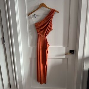 Hello Molly One-Shoulder Orange Draped Maxi Dress